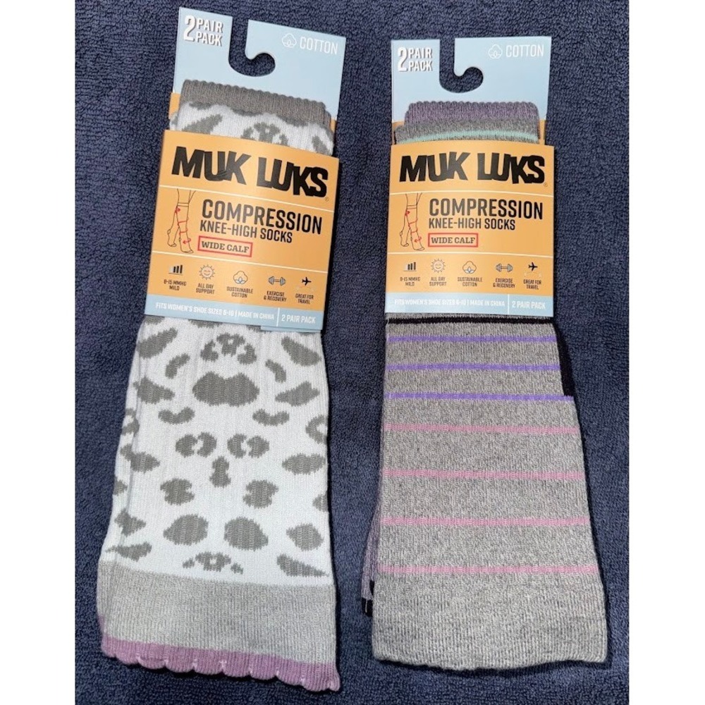 Muk Luks 4 Pair Compression Knee High Socks Wide Calf 8-15 mmHg Women 6-10